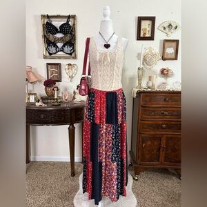 90's cottagecore whimsical quirky floral and polkadot patchwork red navy blue ma